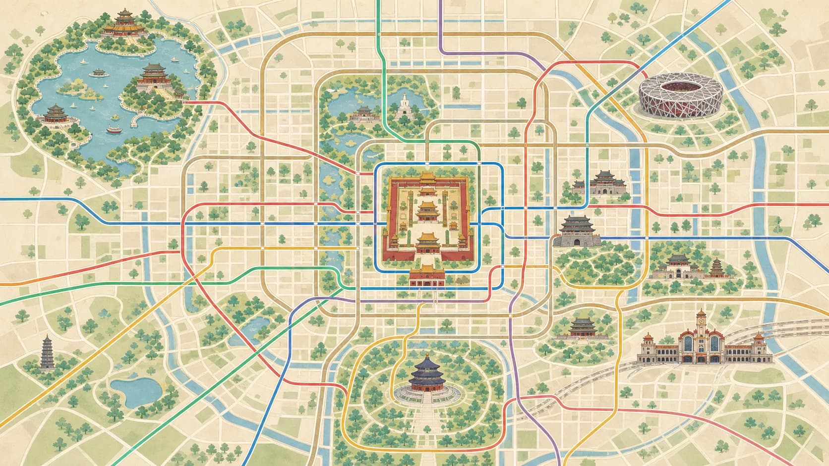 Illustrated word class journey map of Beijing landmarks