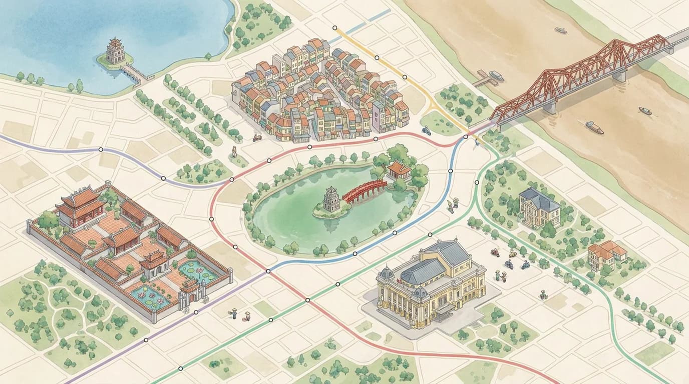 Illustrated sentence craft map of Hanoi landmarks