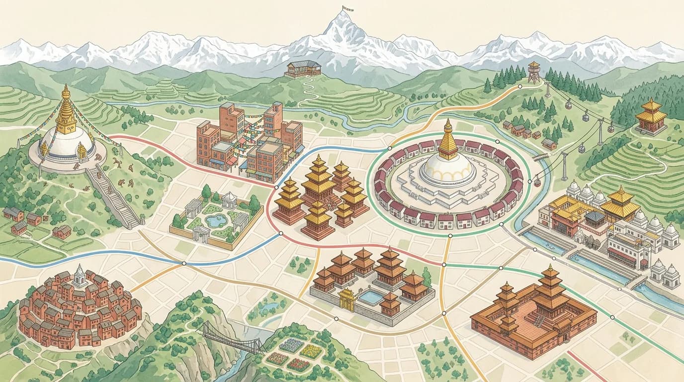 Illustrated summit challenge map of the Kathmandu Valley