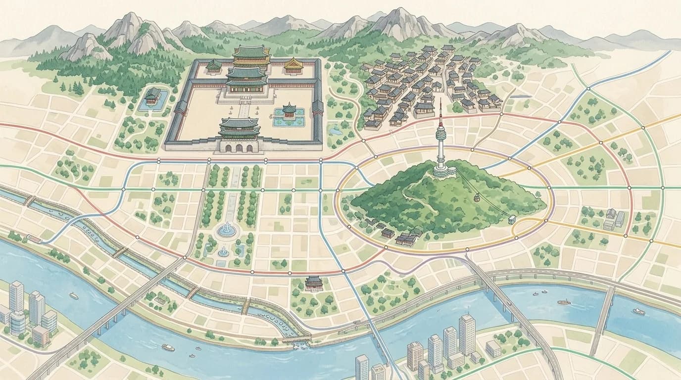 Illustrated sentence route map of Seoul palaces