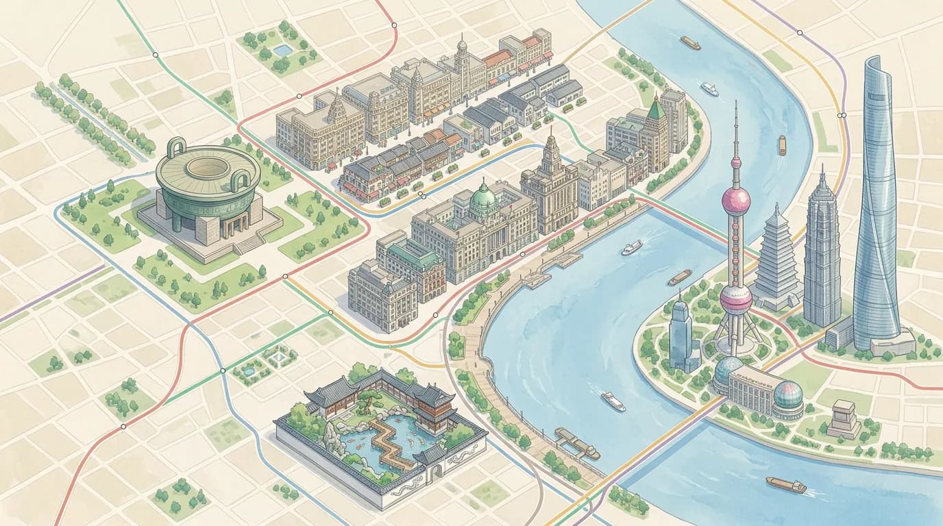 Illustrated pronoun route map of Shanghai landmarks