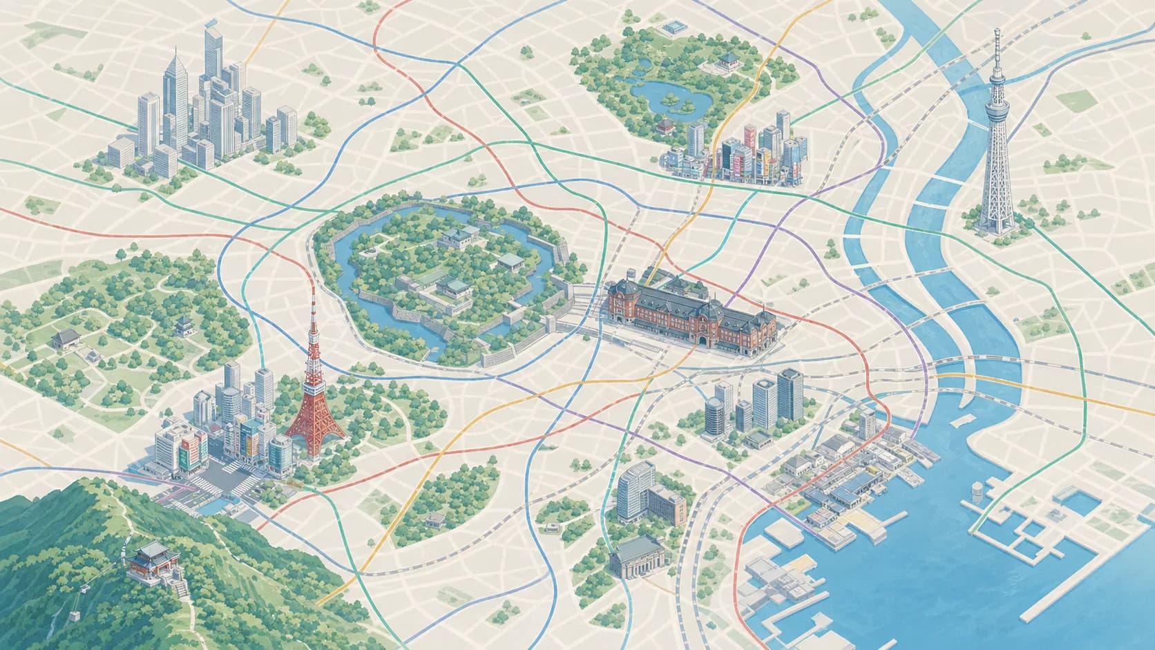 Illustrated description route map of Tokyo landmarks